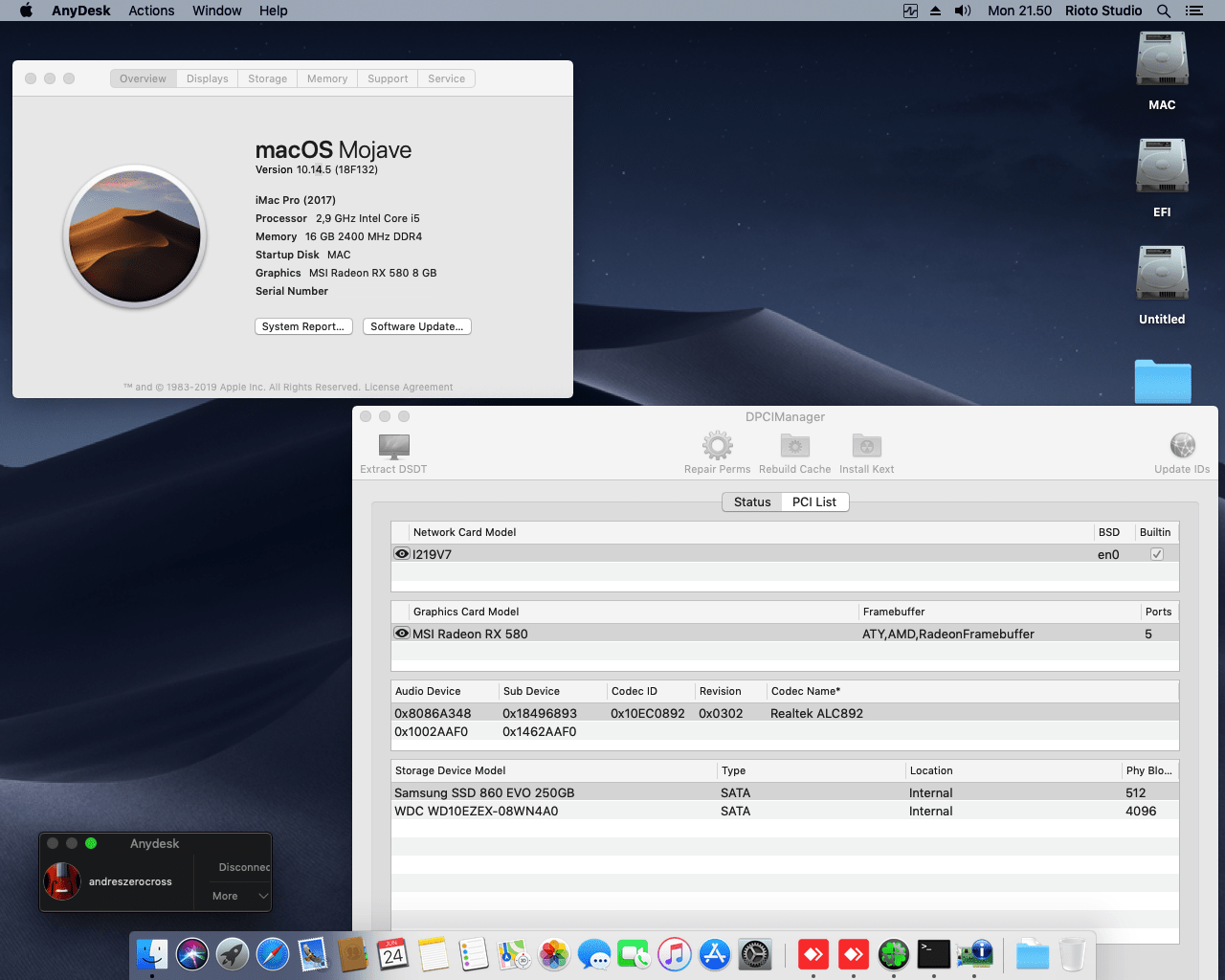 Success Hackintosh macOS Mojave 10.14.5 Build 18F132 at ASRock Z390 Phantom Gaming 4 + Intel Core i5 9400F + MSI RX 580 ARMOR 8GB OC